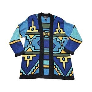 Vtg August Silk Geometric Cardigan Women S Multicolor Oversized Artsy Boho Retro